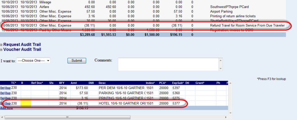 a negative amount transaction highlighted on the fiscal coding screen